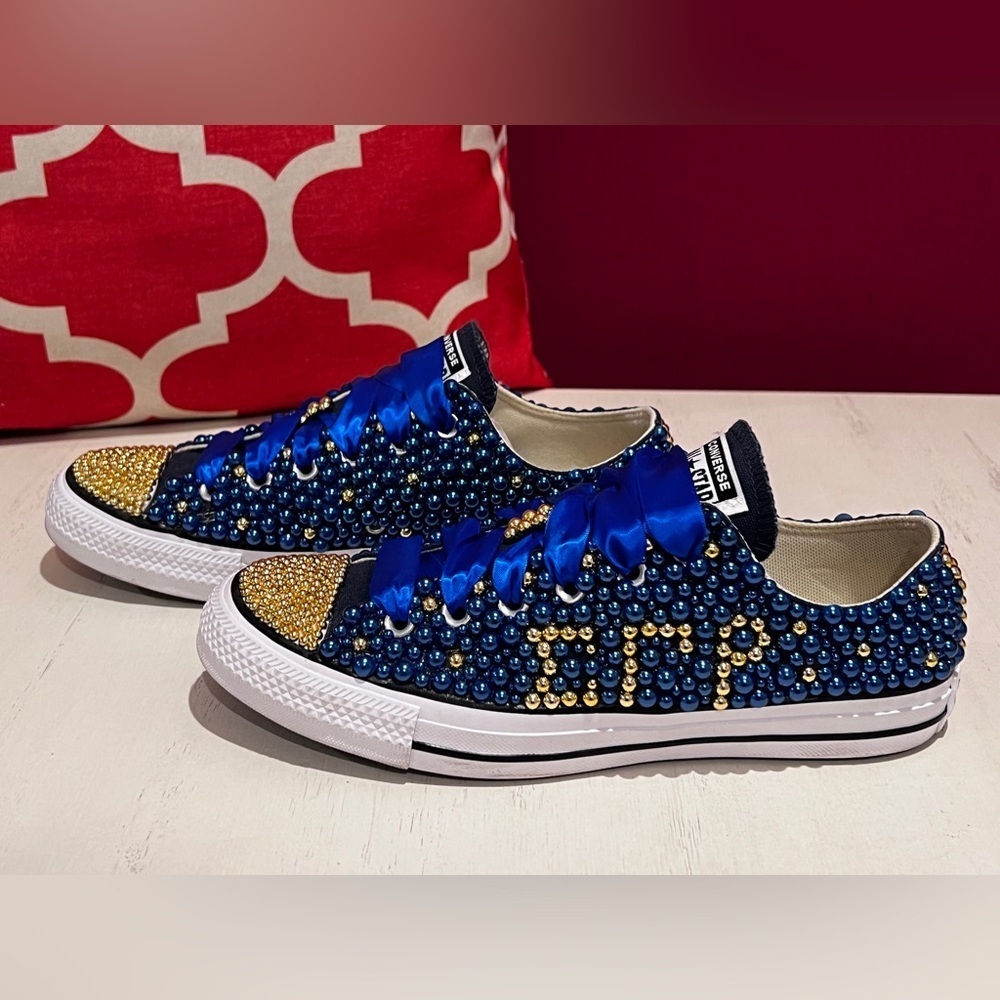 Custom Sigma Gamma Rho Blue and Gold Pearl Converse Sneakers - Picture 4 of 10